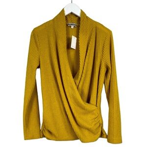 Pleione Mustard Yellow Waffle Knot Faux Wrap Long Sleeve Top Blouse Medium NWT